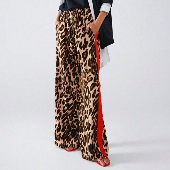 Pants - Yellow Casual Women's Leopard Print Color Block Loose Long Pants